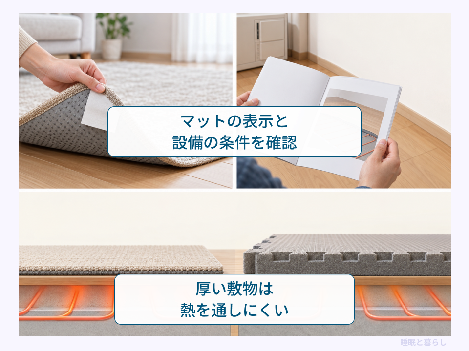 マットと床暖房設備の表示を確認し、敷物の厚さと熱の通り方を比べる図