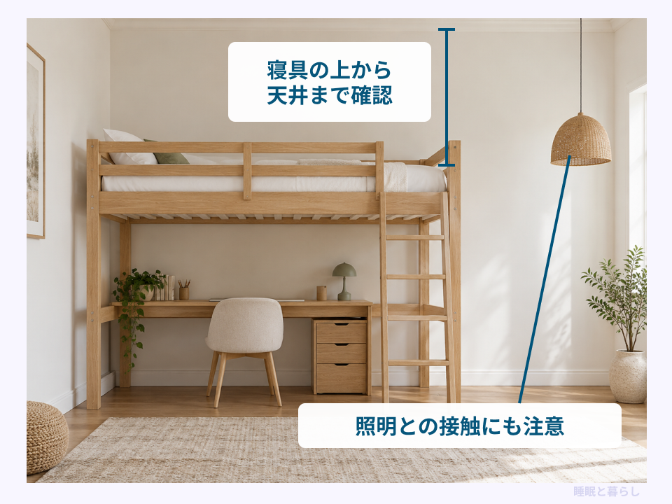 ロフトベッドの寝具上面から天井までの距離と照明の位置の確認箇所