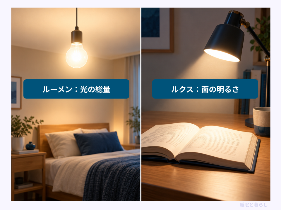 光源の光の総量を示すルーメンと照らされた面の明るさを示すルクスの違い