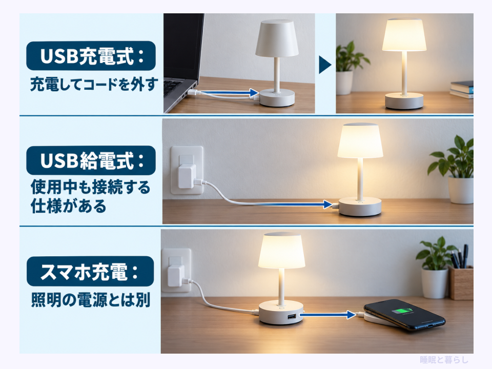 USB充電式、USB給電式、スマートフォン充電機能の違い