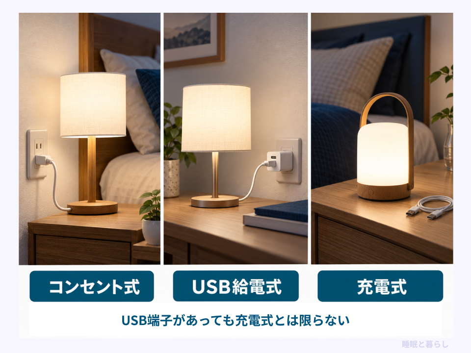 コンセント式、USB給電式、充電式の読書ライトの電源方式を比較した図