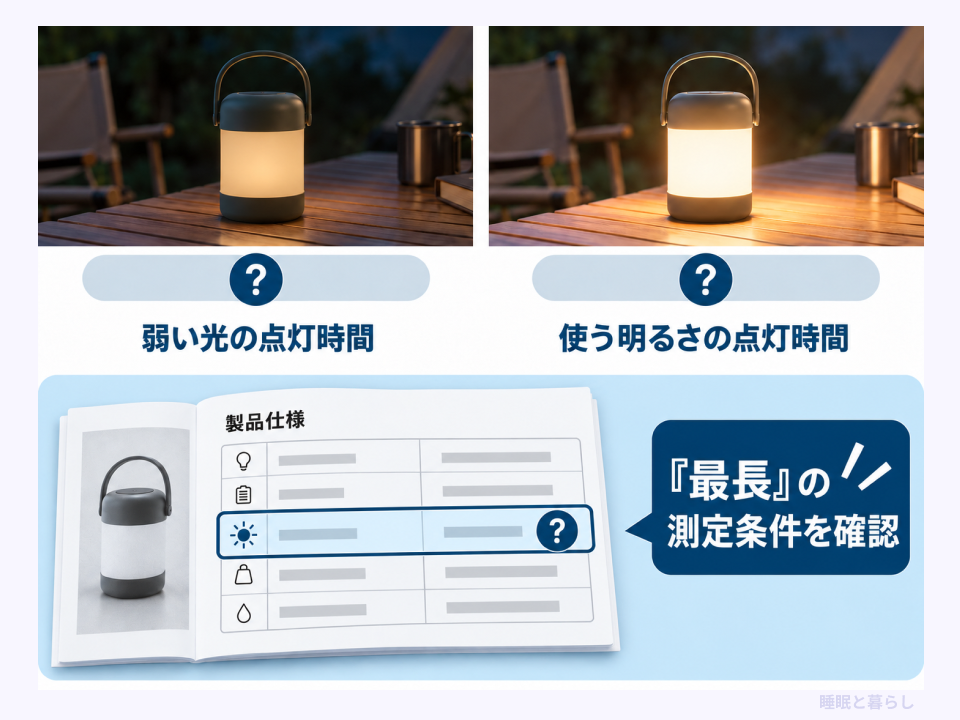 ライトの明るさ別の点灯時間と最長時間の測定条件の確認