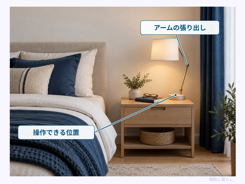 アームの張り出しと台座のスイッチを操作できる位置の確認例