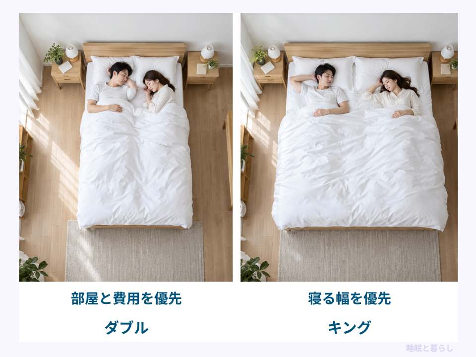 部屋と費用を優先するダブルと、寝る幅を優先するキングを比べた写真