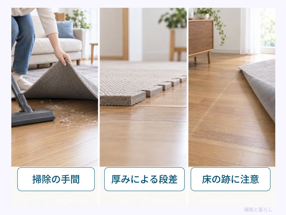 フロアマットの掃除の手間、厚みによる段差、床に残る跡を示した比較写真