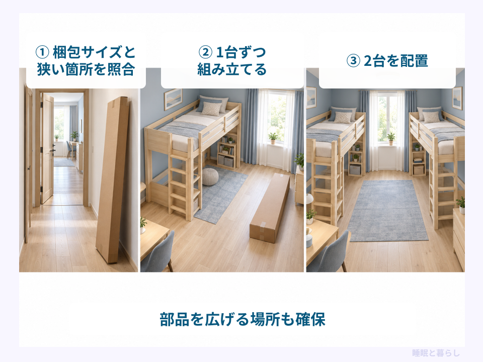 梱包サイズと搬入経路の照合から1台ずつ組み立てて2台を配置する流れ