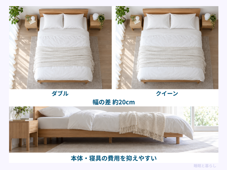 ダブルとクイーンの幅の差約20cmと、本体や寝具の費用の考え方を示した写真