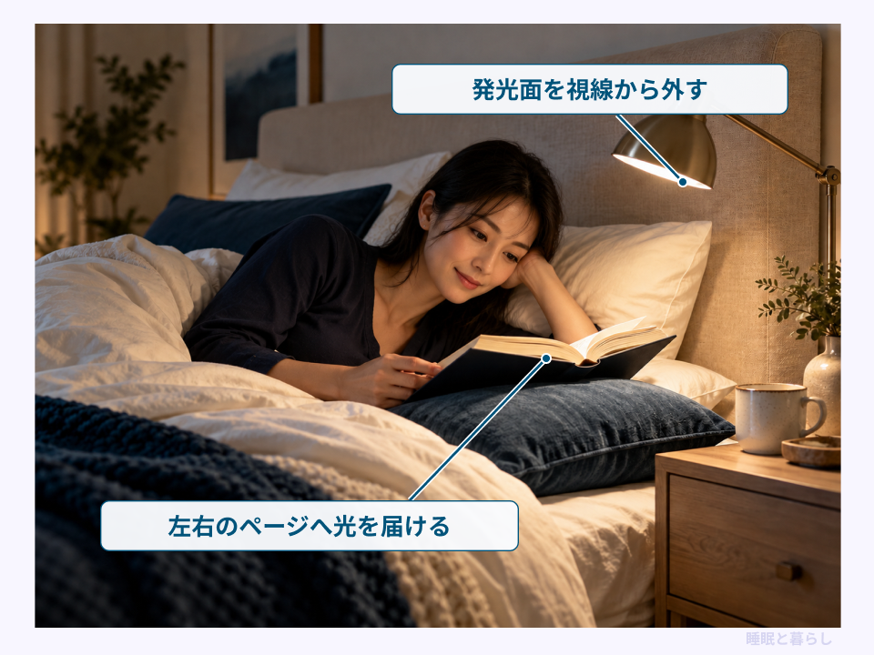 横向きで読む姿勢から発光面を外し本の左右のページへ光を届ける配置例