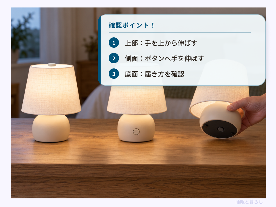 ライトの上部・側面・底面にあるスイッチの位置と手の届き方