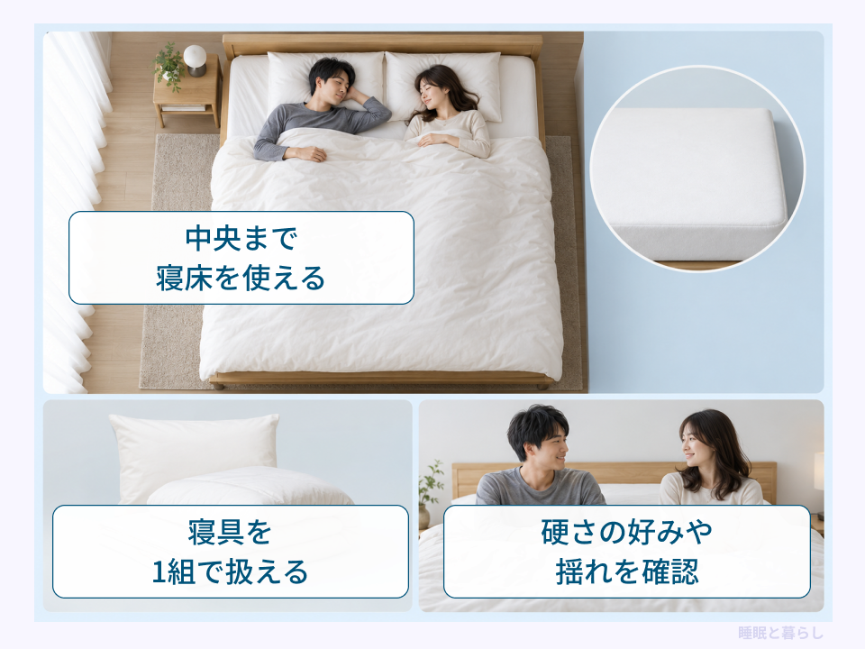 継ぎ目のない寝床を共有する状態と、寝具の管理・硬さの好み・揺れの確認を示した図