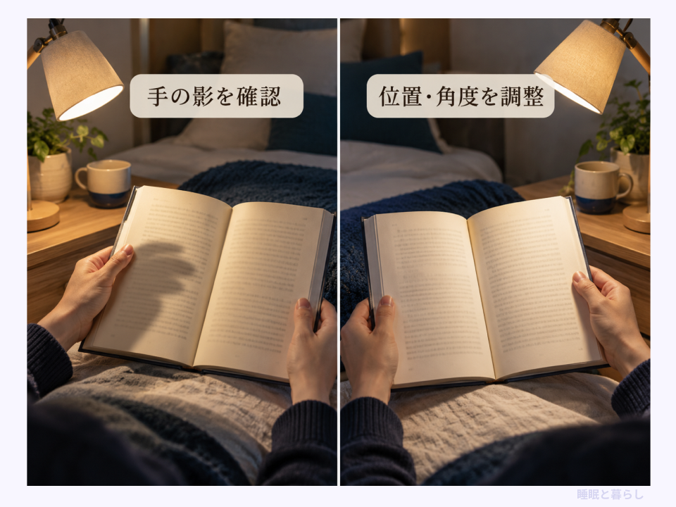 本を持つ手の影を確認しライトの位置と角度を変えた比較例