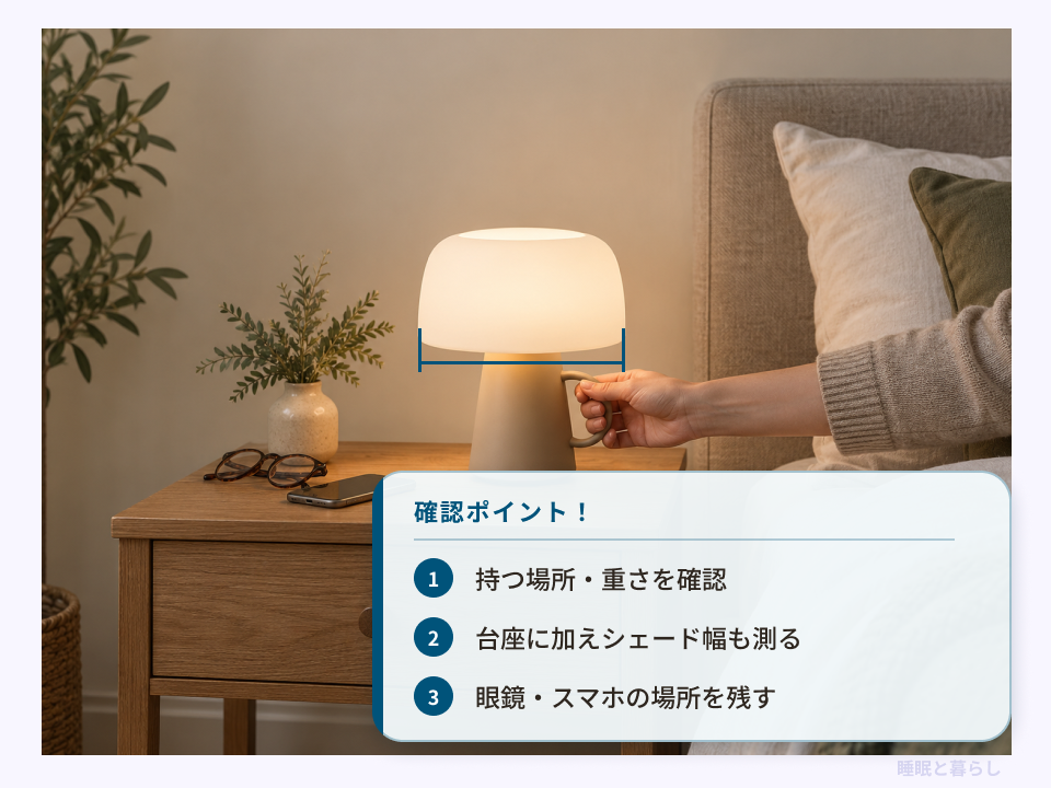 持つ場所、シェードの幅、小物を置くスペースの確認位置