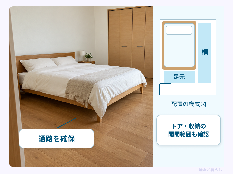 室内写真と配置の模式図で、ベッド横と足元の通路、ドアや収納の開閉範囲を示した画像