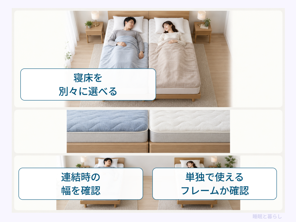 寝床を別々に選ぶ2台のベッドと、連結時の幅や単独使用の確認を示した比較写真