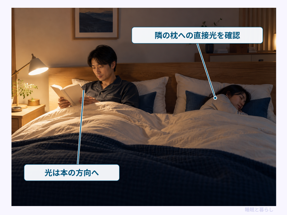 読書する本へ光を向け隣で眠る人の枕への直接光を確認する配置例