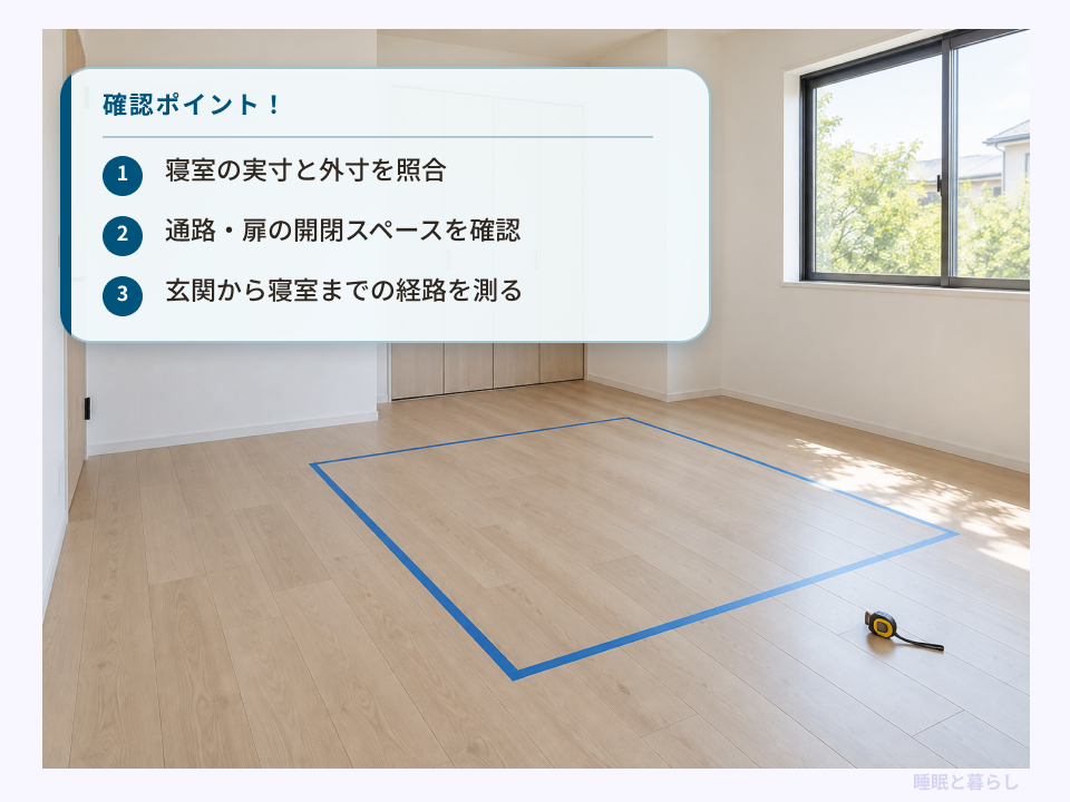 床にベッドの設置範囲を示し、寝室の寸法・通路・搬入経路の確認点をまとめた図