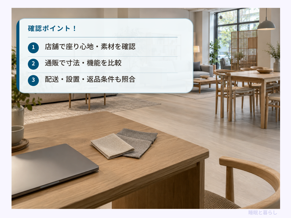 実店舗で使い心地を確かめ、通販で寸法や機能を比較する確認ポイント