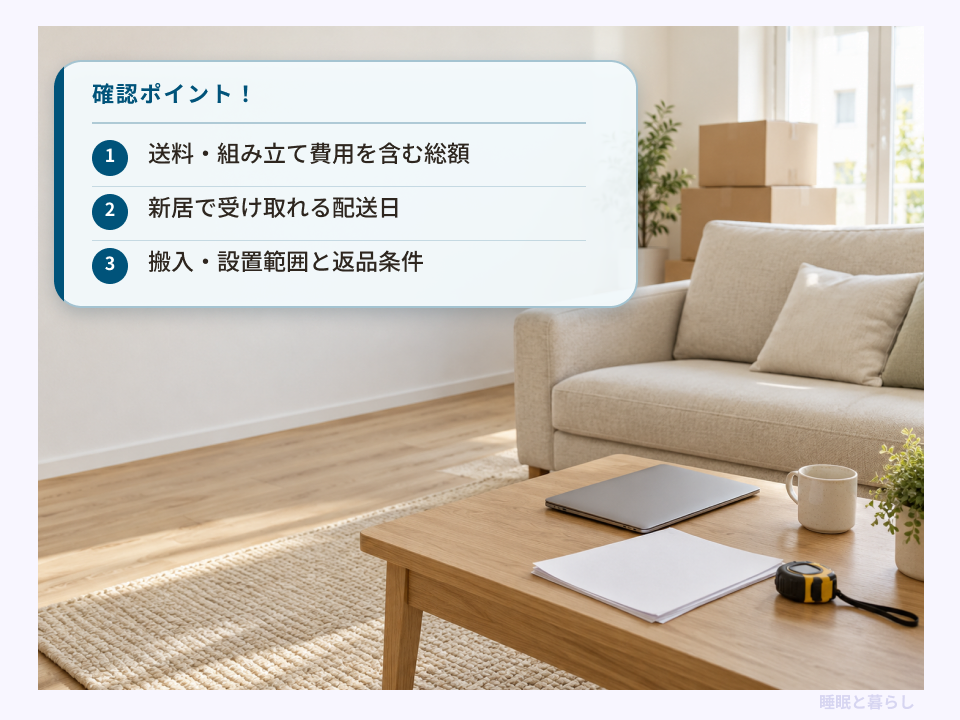 家具の支払総額、配送日、搬入・設置範囲と返品条件の確認ポイント
