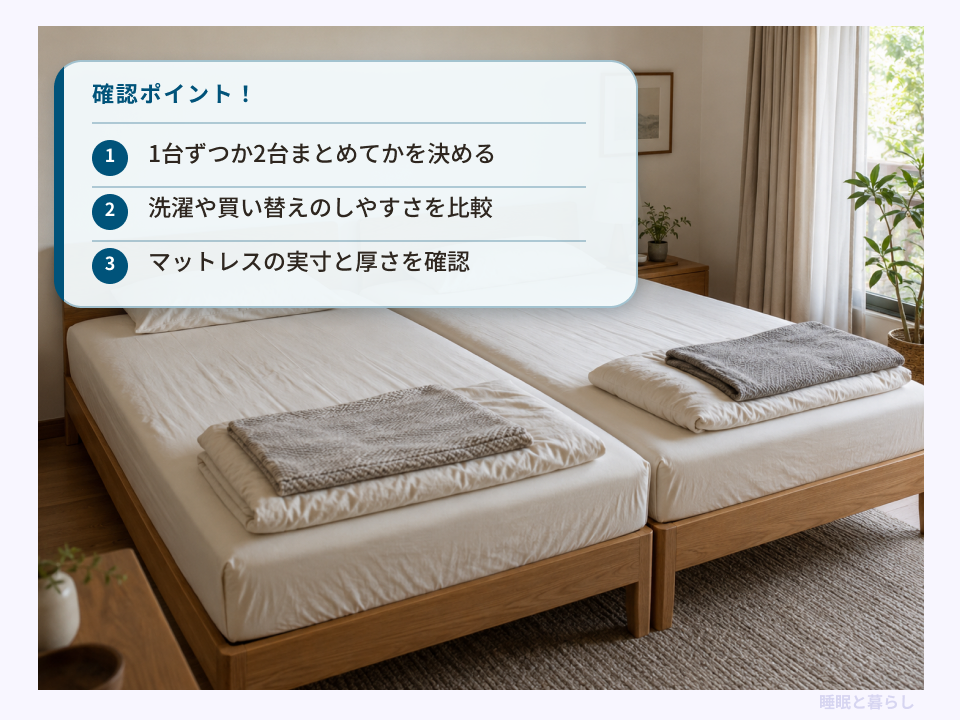 セミダブルベッド2台のシーツを選ぶ際の使い方、洗濯のしやすさ、実寸と厚さの確認ポイント