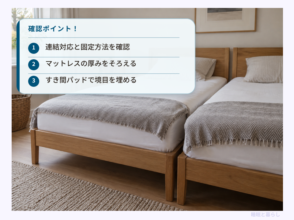 セミシングルベッド2台の隙間対策として連結、厚みの統一、すき間パッドを確認するポイント