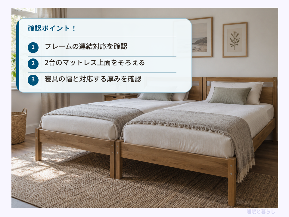 セミシングルベッド2台の連結、マットレス上面、寝具の幅と厚みの確認ポイント