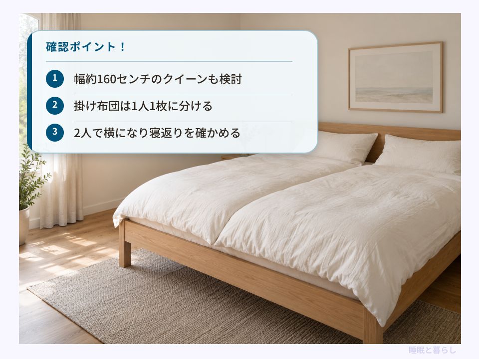 掛け布団を1人1枚ずつ用意したダブルベッドと、大人2人で使う際の確認点