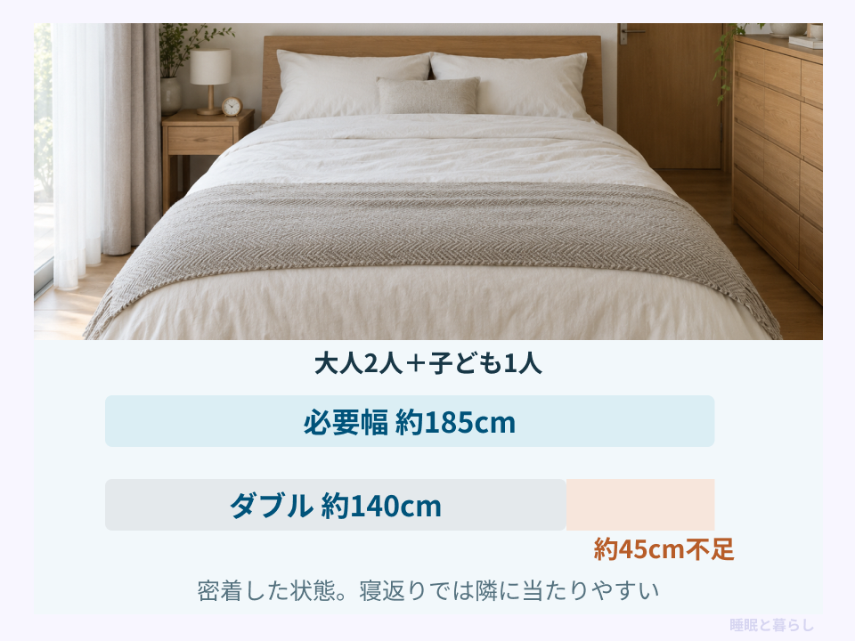 大人2人と子ども1人に必要な約185cmとダブル約140cmの比較図