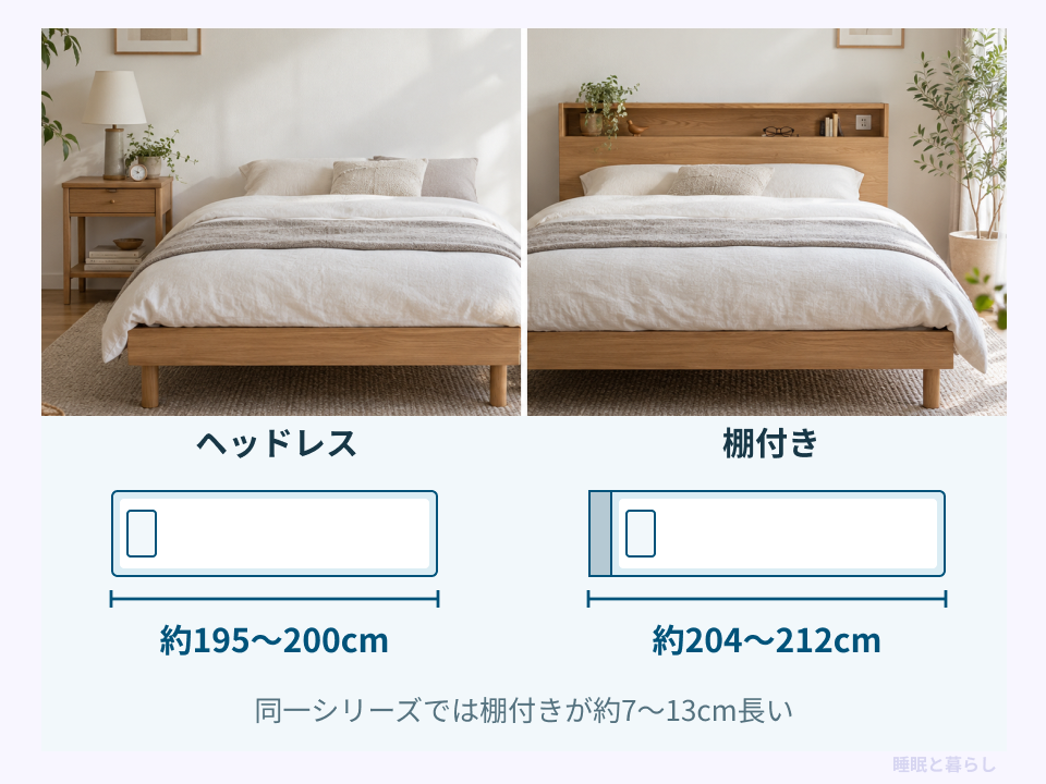 ヘッドレスと棚付きベッドの全長の目安を比較した図