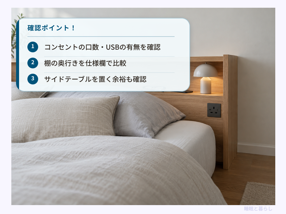 眼鏡やスマートフォンを置いた宮棚と、棚付きベッドの充電・置き場の確認点