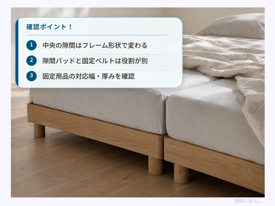 シングルマットレス2枚の境目と、隙間・ズレ対策の確認ポイント