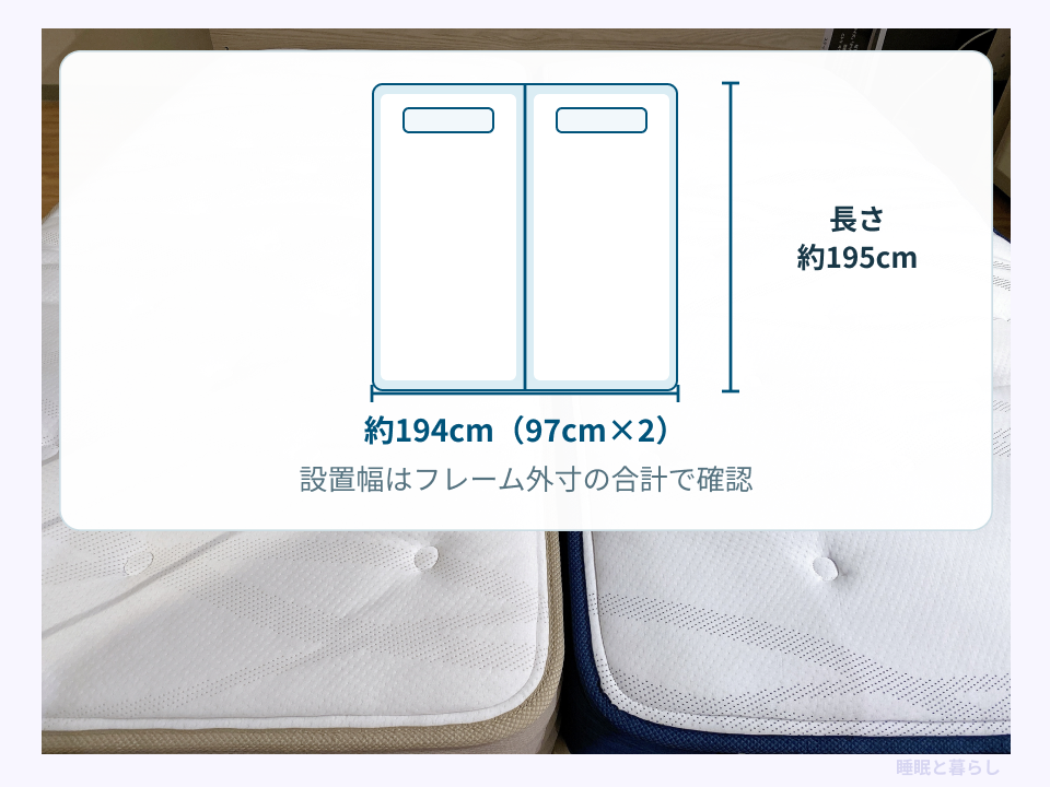 シングル2台の合計幅約194cmと長さ約195cmを示す図