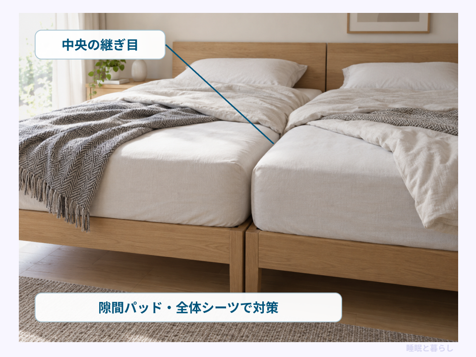 2枚のマットレスの中央の継ぎ目と隙間対策を示す写真