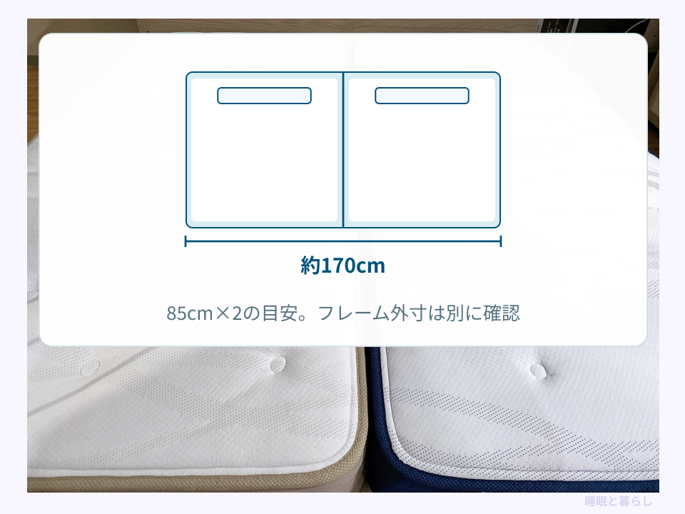 幅約85cmのセミシングル2台で約170cmになる図