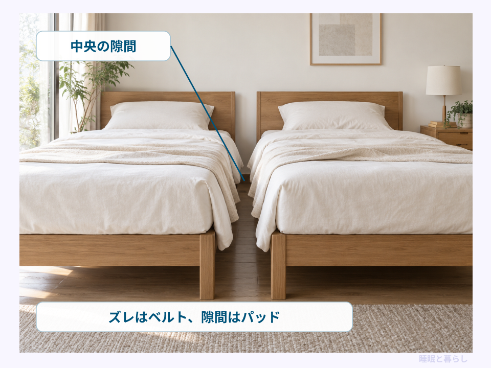 ベッド中央の隙間とベルトや隙間パッドの対策を示す写真