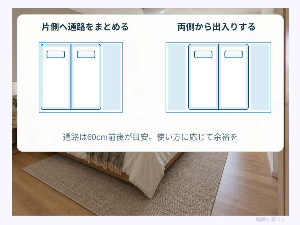 同じ幅の連結ベッドで片側と両側に通路を取る配置図