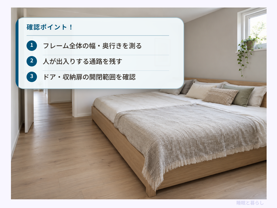連結ベッドの周囲に通路を残した寝室と、ベッドフレーム全体の幅・奥行き、扉の開閉範囲の確認点