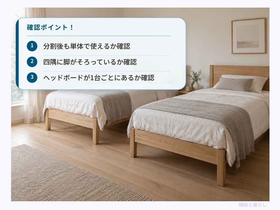 独立したシングルベッド2台と、連結ベッドを分割して使う前の確認点