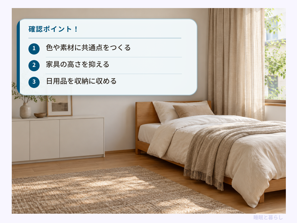 色や素材、家具の高さ、日用品の収納をそろえる部屋づくりの確認ポイント