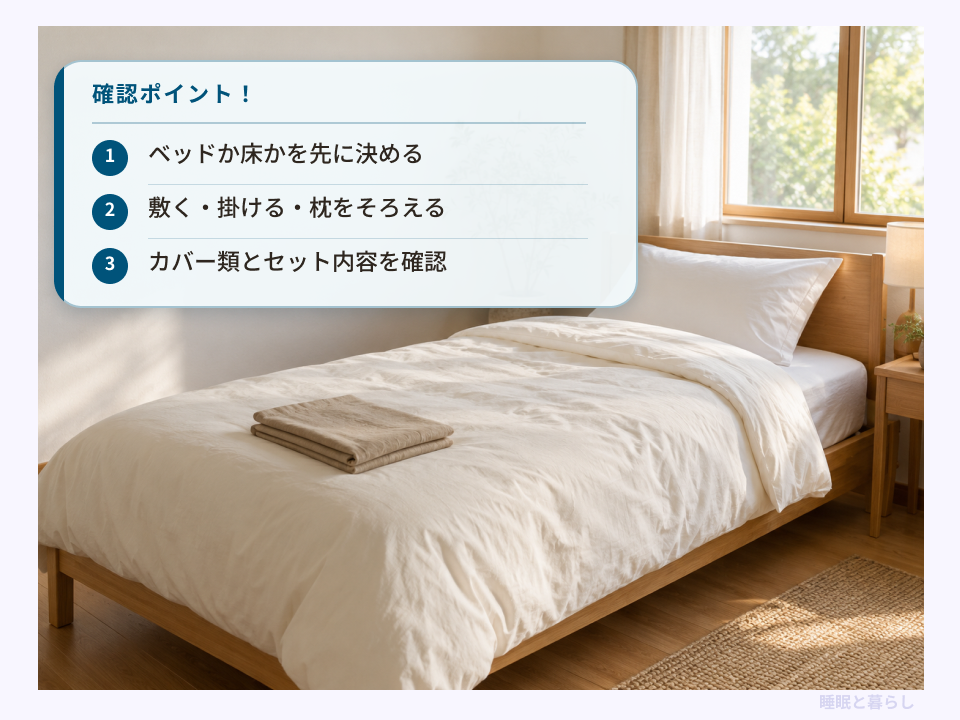 寝床の種類を決めて敷く寝具、掛ける寝具、枕、カバー類をそろえる確認ポイント