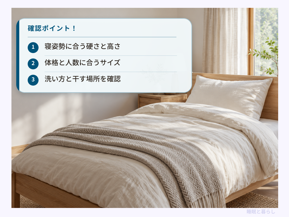 寝姿勢に合う硬さと高さ、サイズ、洗い方と干す場所を確認する寝具選びのポイント