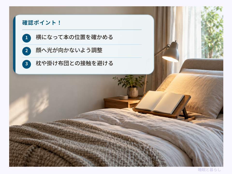 寝ながら読むときの本の位置と照明の向きを確かめるポイント
