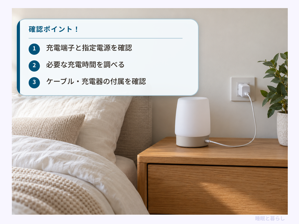 充電式ナイトライトの端子と指定電源・充電時間・付属品の確認ポイント