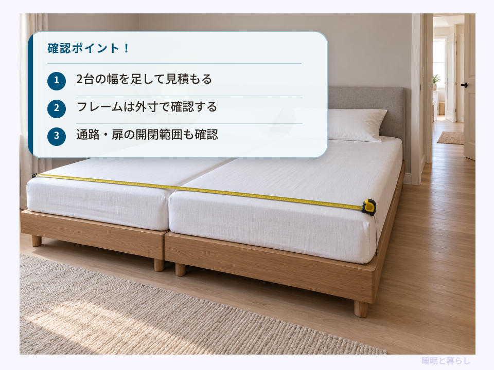 2台のマットレスの横幅を測る例と、外寸・通路・扉の開閉範囲の確認ポイント