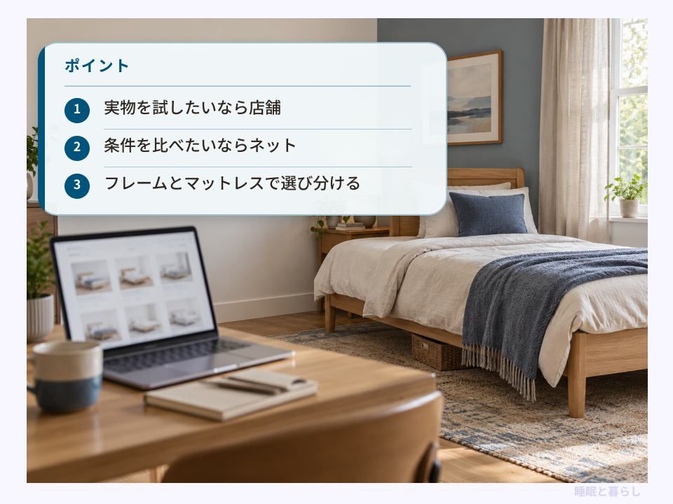 実物確認・条件比較・フレームとマットレスの違いで購入先を選ぶ3つのポイント