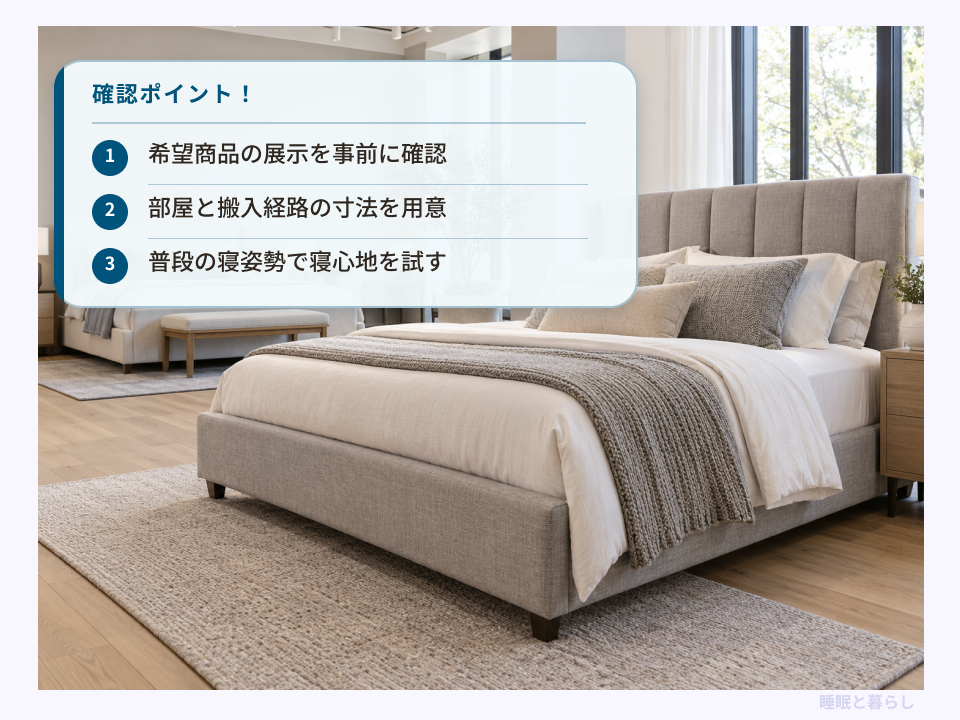 店舗での展示確認、寸法の準備、寝心地の試し方をまとめた確認ポイント