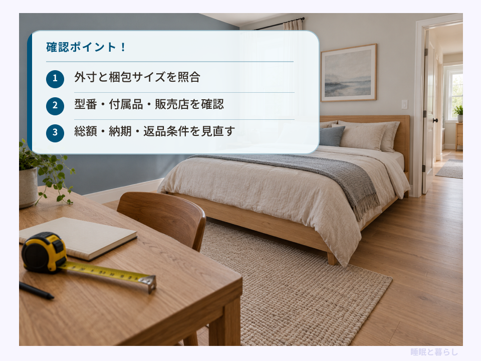 ネット注文前に外寸と梱包サイズ、販売店、総額と返品条件を確認するポイント