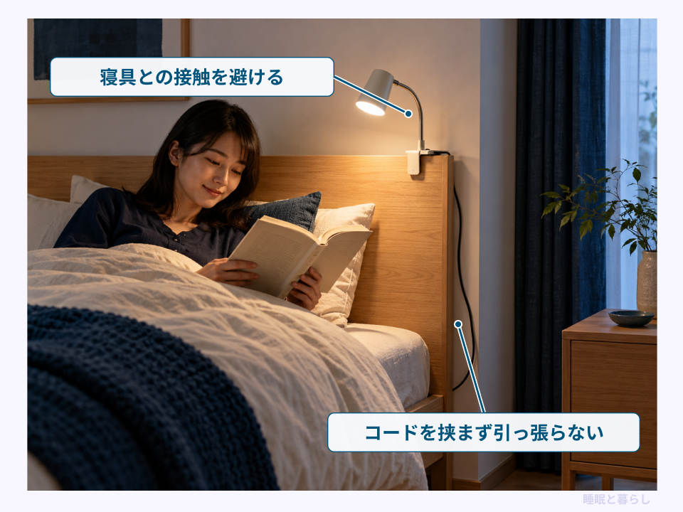 読書ライトと寝具の接触を避けコードを挟まず引っ張らない配置の確認例