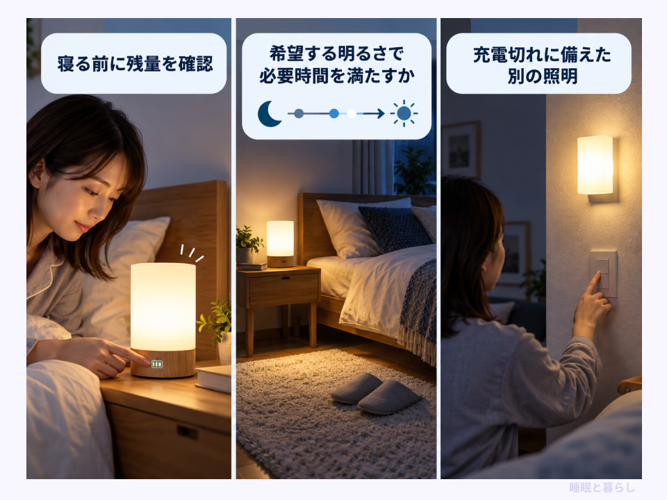 夜通し使うライトの残量、必要な点灯時間、予備照明の確認