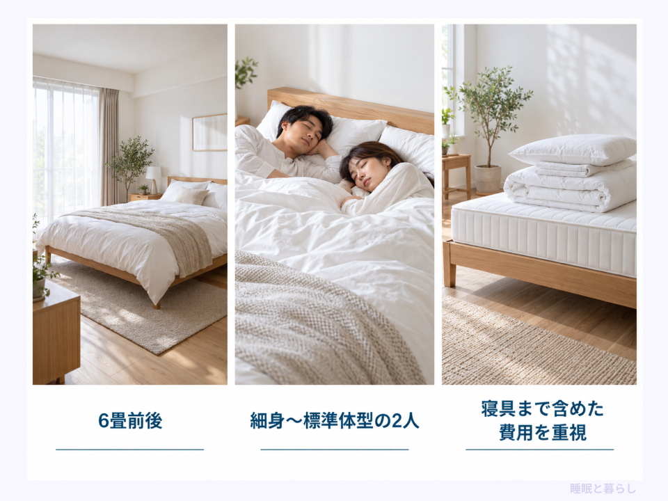 6畳前後、細身から標準体型の2人、寝具までの費用からダブルの向く人を示した写真