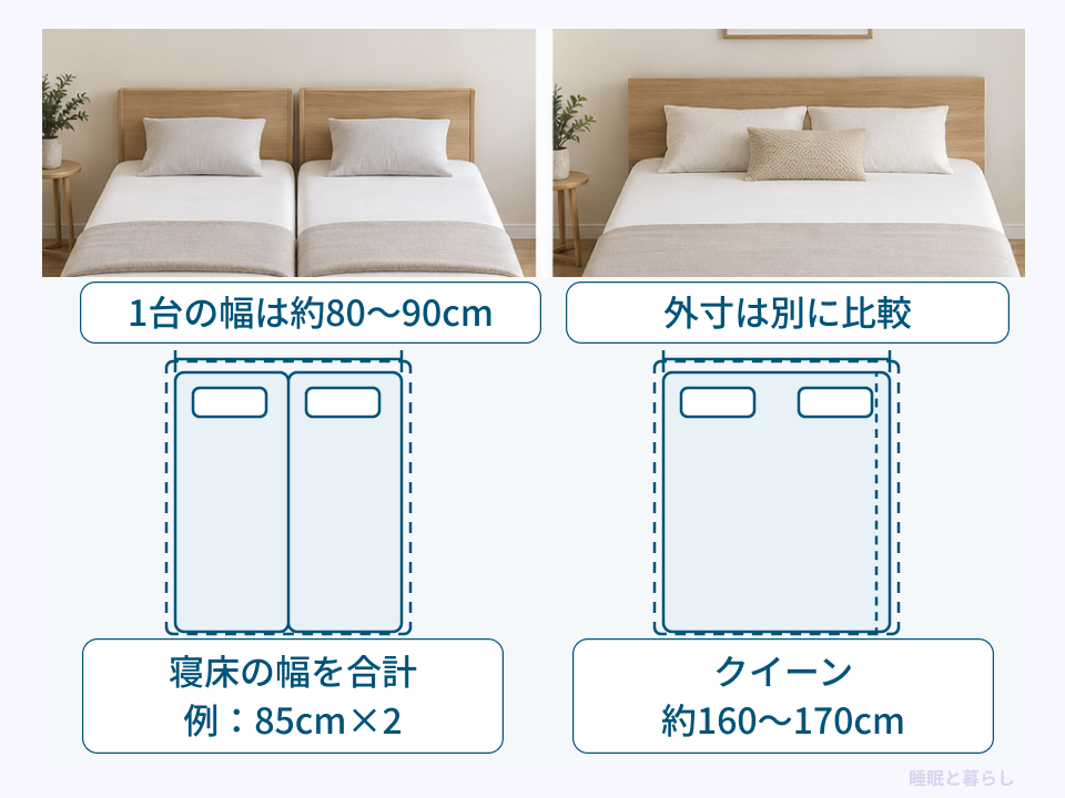 セミシングルの幅80〜90cm、85cmを2台並べる例、クイーン160〜170cmの比較図